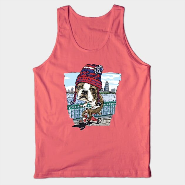 Boston Terrier Dog with Red, Blue and White Winter Beanie Tank Top by Mudge